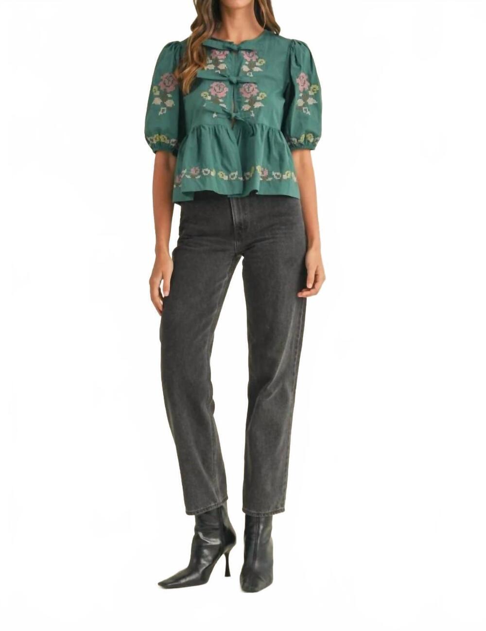 NEW MABLE abby floral puff sleeve blouse in hunter green - Picture 6 of 6